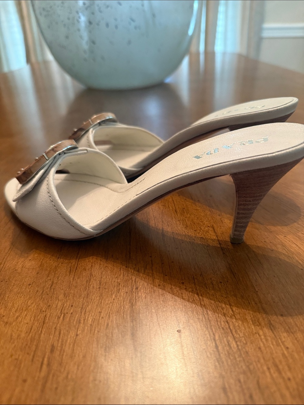 Prada White Leather Slide Mules with Wood-Tone Circular Buckle - Picture 2 of 6